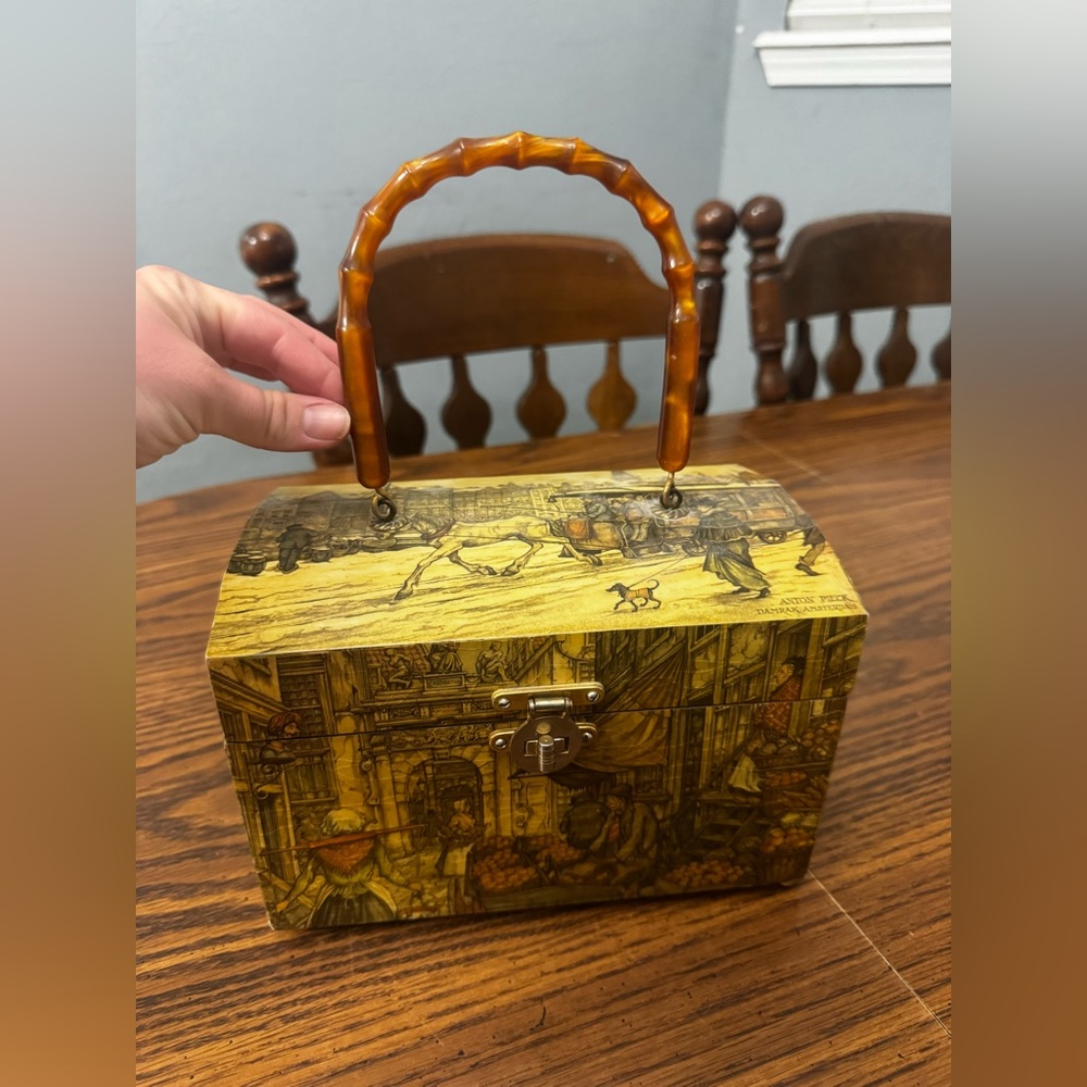 Vintage Wooden Handbag with Bamboo Handle